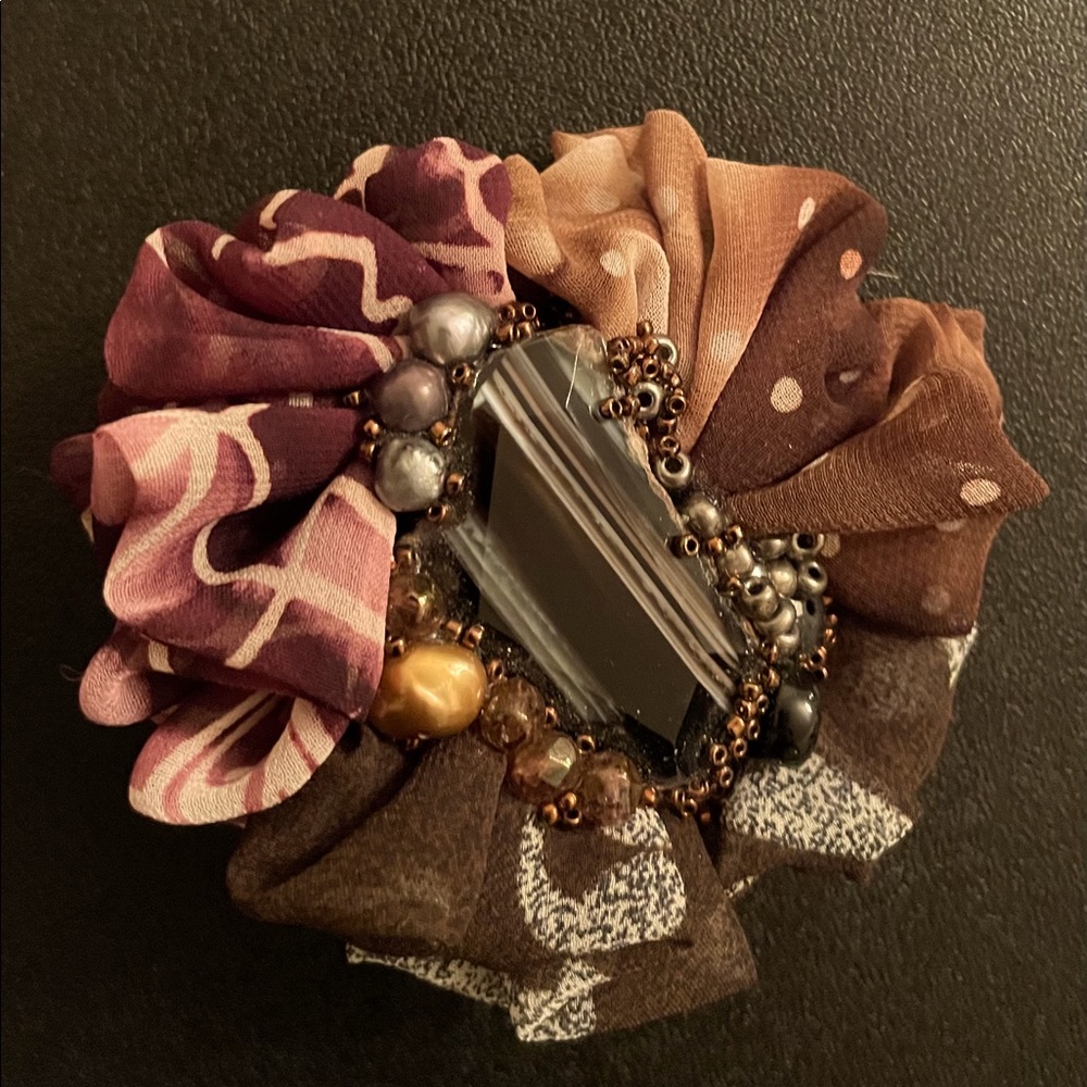Beautiful fabric brooch with center stone & beads